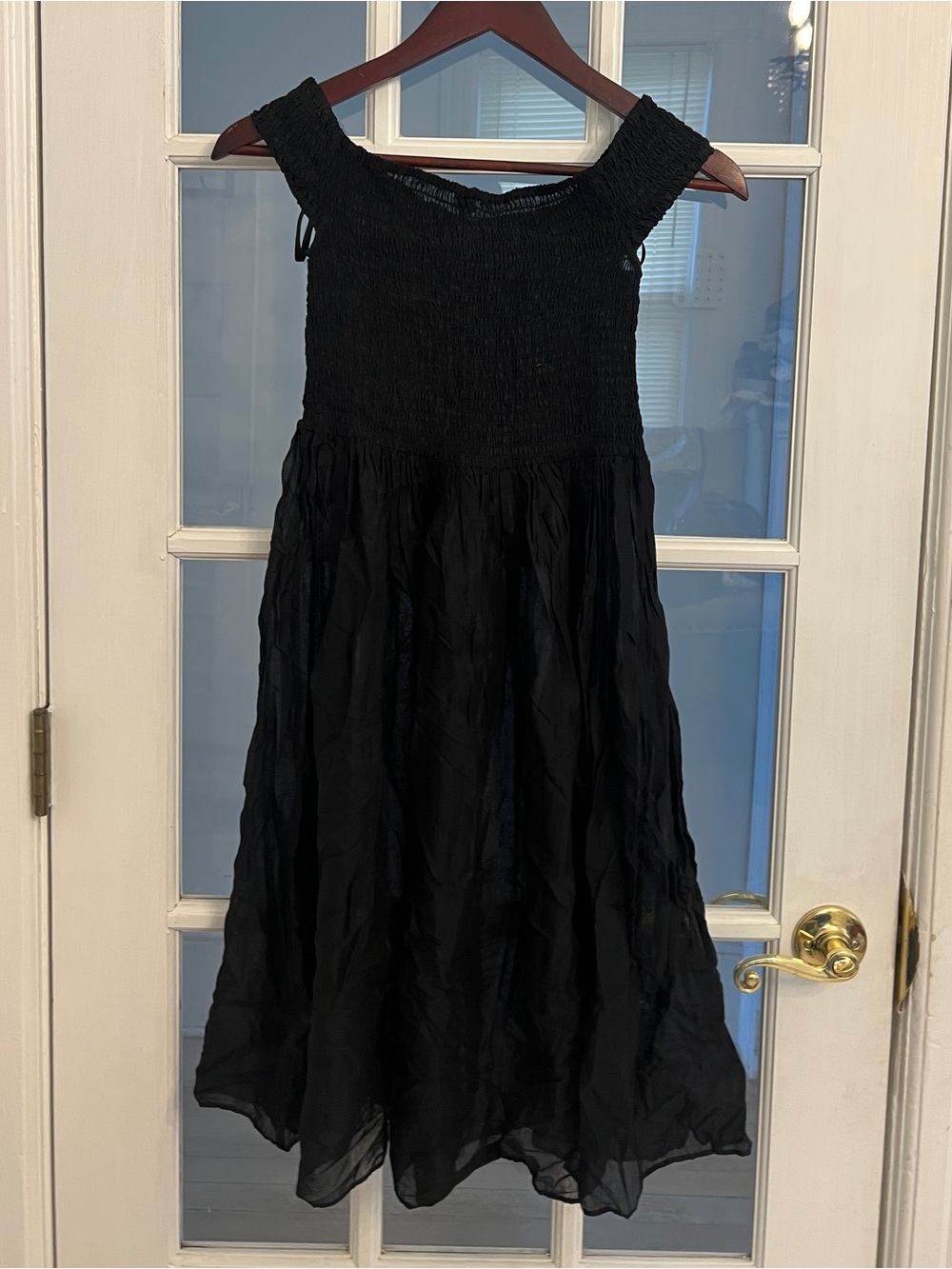 J. CREW Women’s Black Smocked Off Shoulder Cotton Midi Beach Dress Coastal S